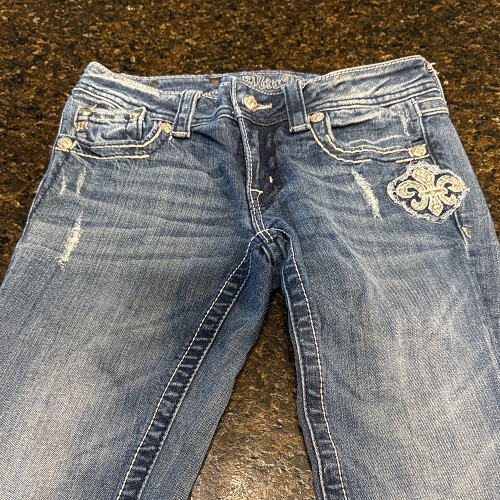 Miss Me 27x31 Blue Boot Cut Jeans with Embroidered Design